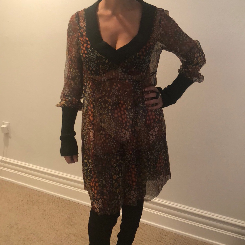 Miss Sixty sheer floral mini dress with woven neck